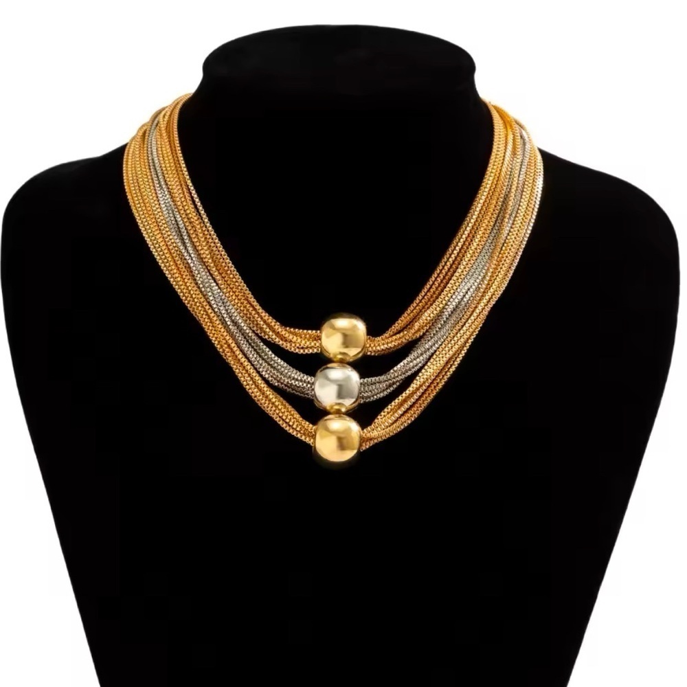 18K Gold & White Gold Two Tone Plated Chunky Thick Layered Big Beads Necklace - Picture 4 of 7